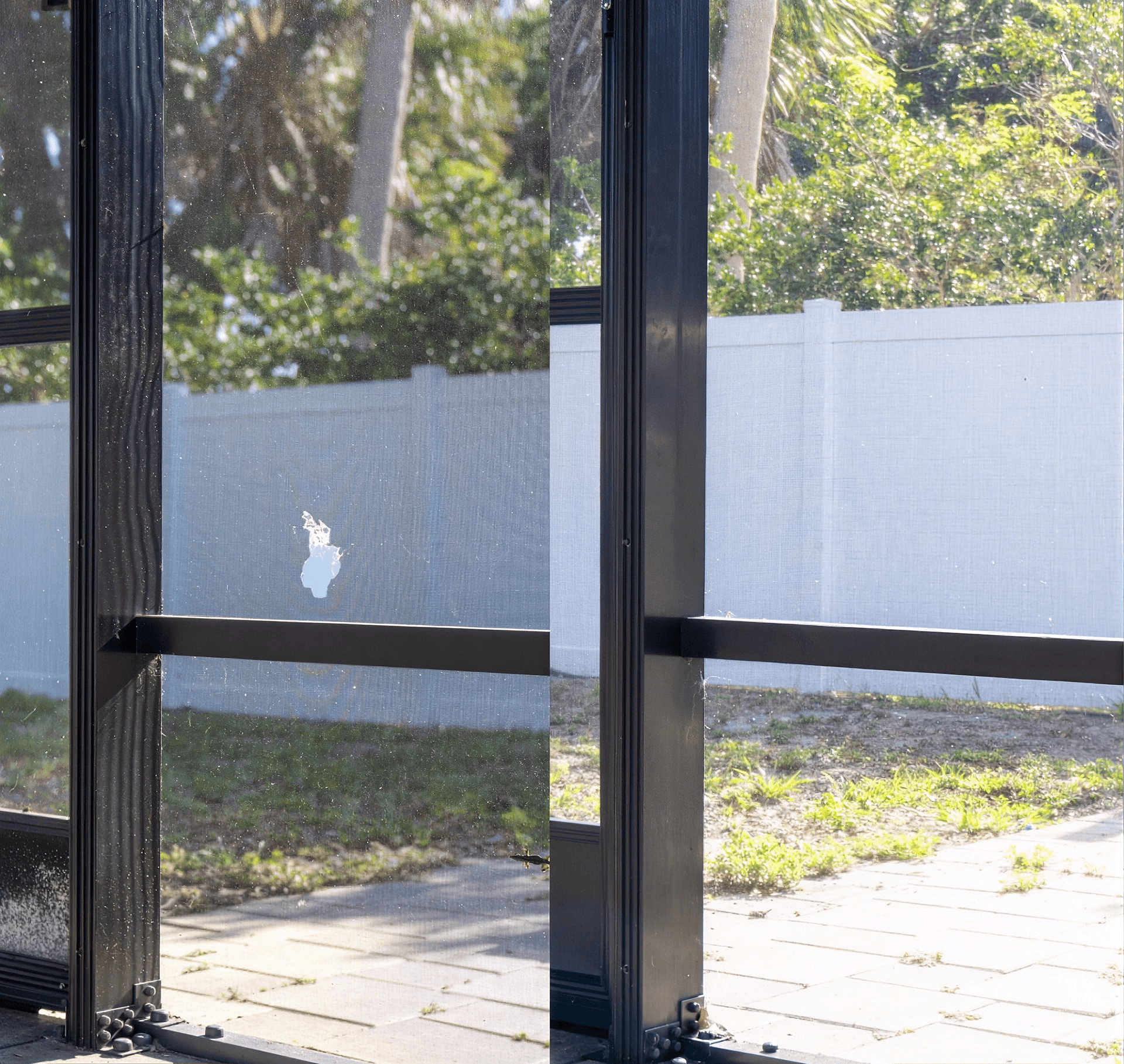 Split image showing a patio screen repair. Left side with a tear; right side showing a repaired, intact screen.