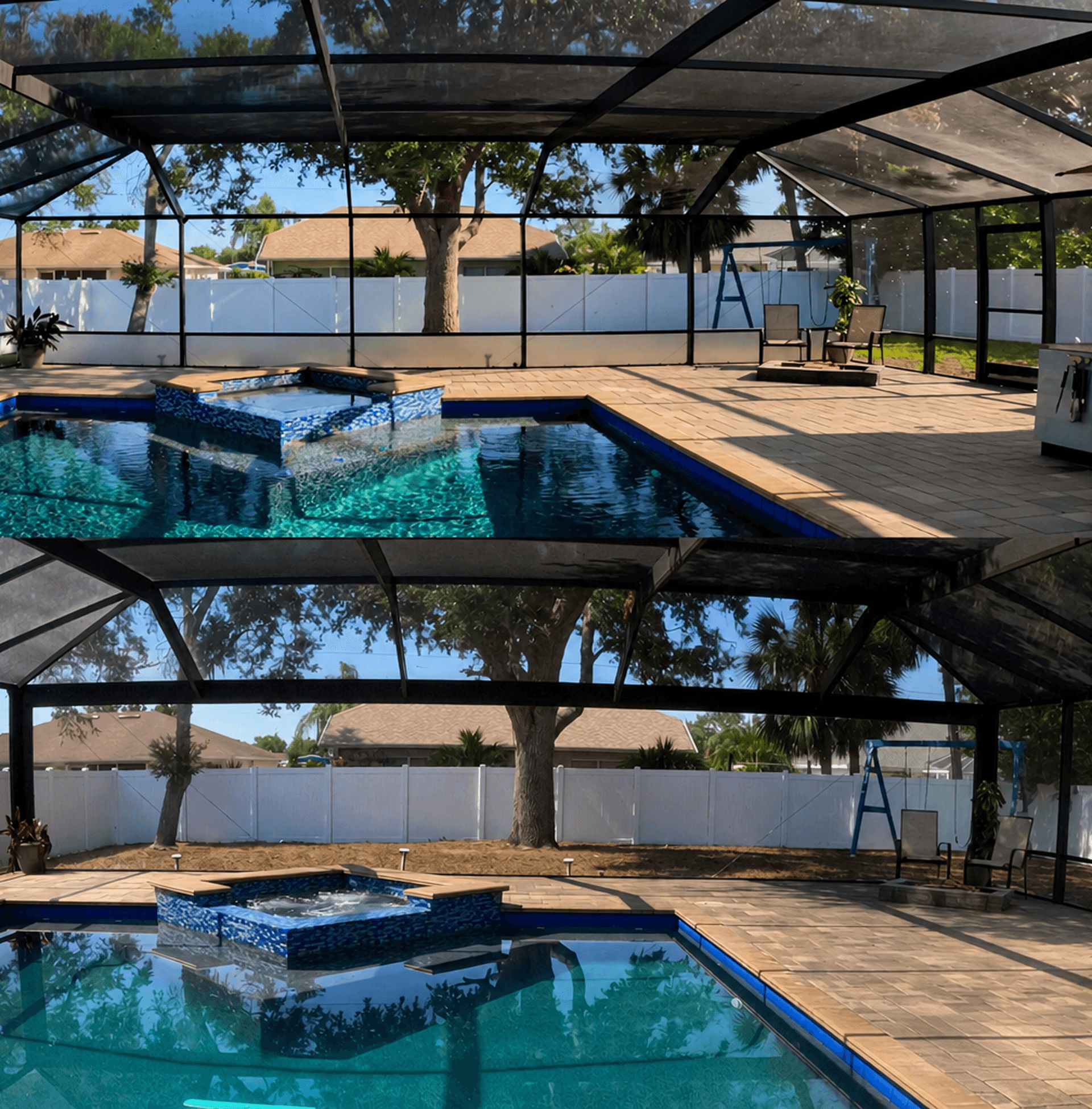 Side-by-side comparison of a screened pool area; on top, the "Before" shows a fully-enclosed patio; on the bottom, the "After" reveals a patio with the retaining wall removed.