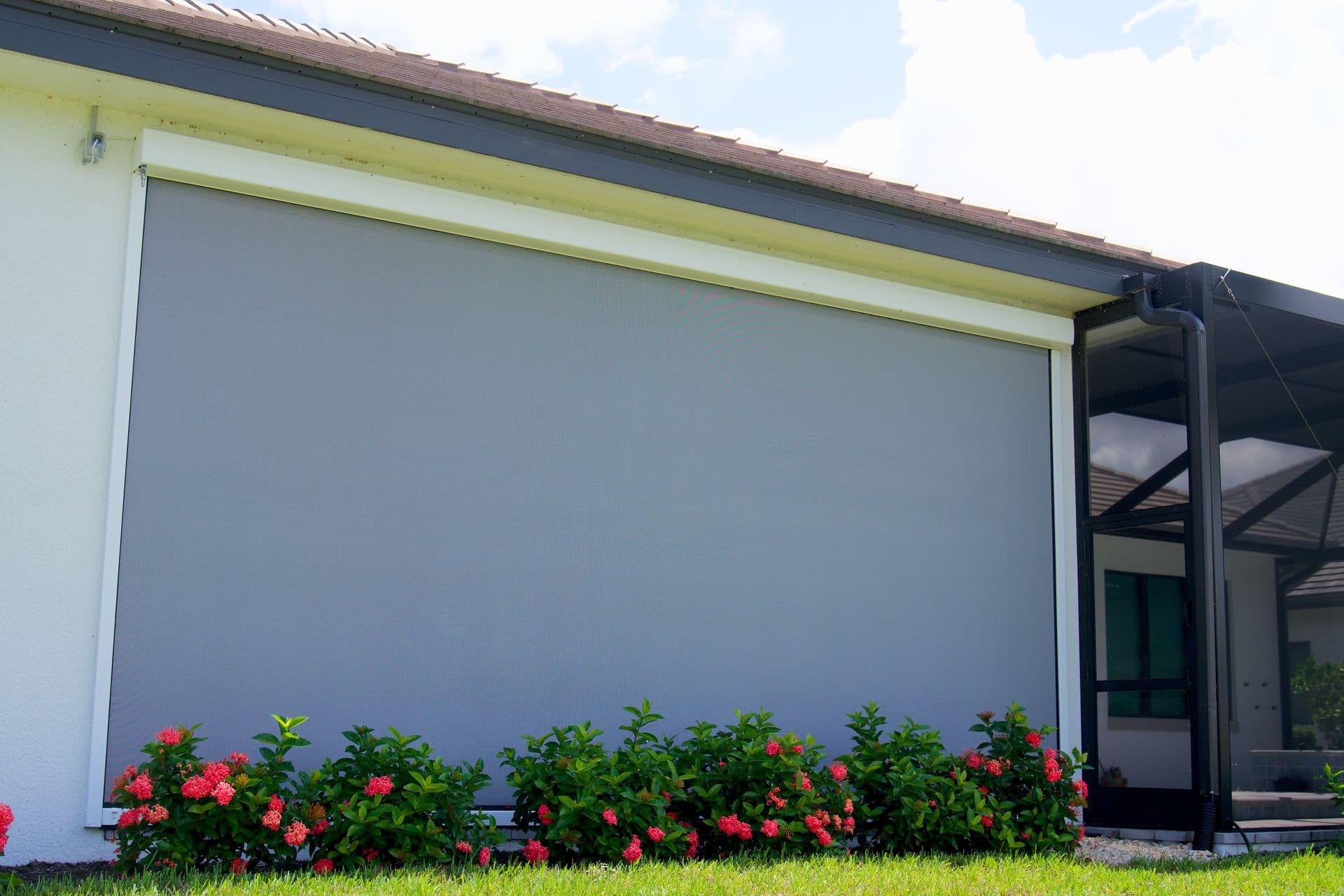 Bright Florida home with a screened-in patio, white framing, glass panels, palm trees, green lawn, and potted plants under a sunny sky.