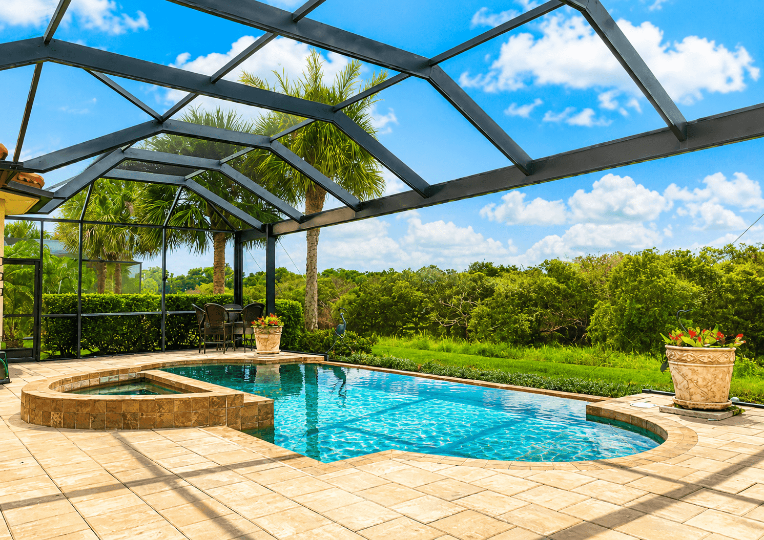 Backyard swimming pool with curved edges under black metal screen enclosure, surrounded by tile patio, palm trees, and tropical landscaping with blue sky.