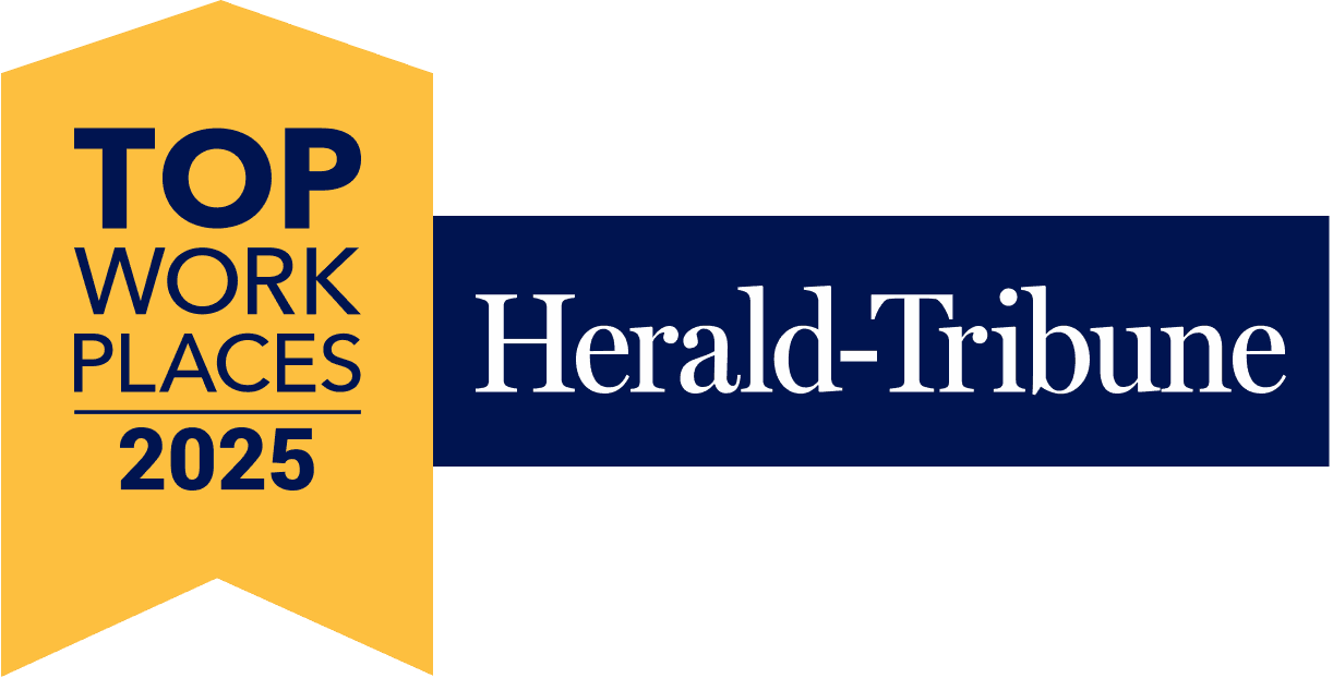 “Herald-Tribune Top Work Places 2025 award badge, featuring bold navy and gold colors and a ribbon design conveying workplace excellence.”